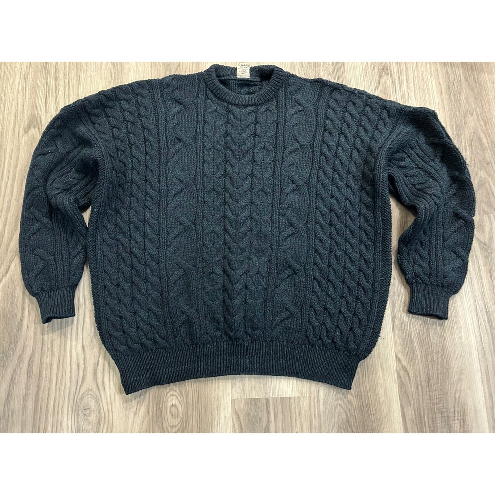 Vintage Mens Cable Knit Sweater 100% Pure New Wool L Dark Green Navy Made in UK